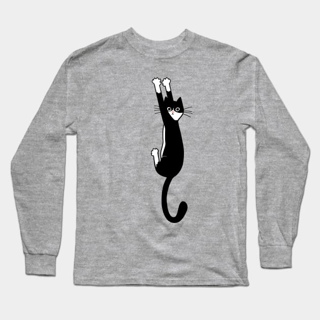 Black and White Cat Hanging On | Funny Tuxedo Cat Long Sleeve T-Shirt by Coffee Squirrel